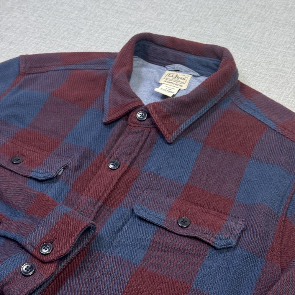 L.L. Bean Heavyweight Flannel Shacket Shirt Men L Red Blue Plaid Slightly Fitted